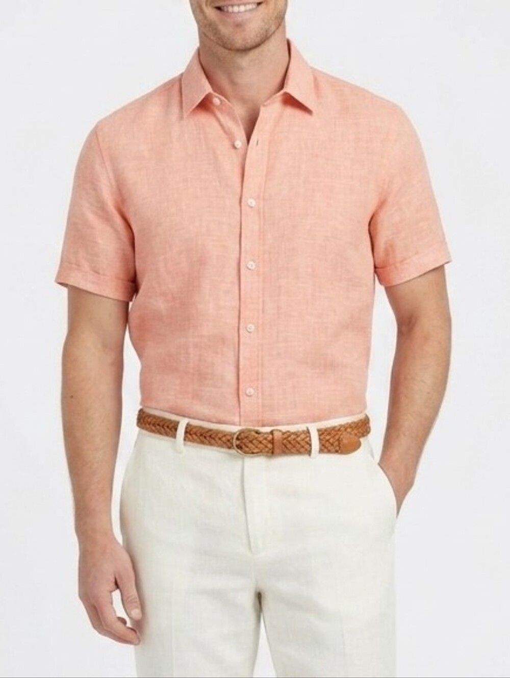 Perry Ellis 100% Linen Short Sleeve Button Down Shirt Size M Coral